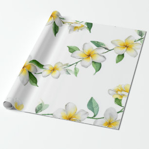 Papier Cadeau Plumeria Vert Blanc Hawaï Frangipanier Tropical