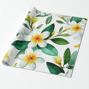 Papier Cadeau Plumeria Vert Blanc Hawaï Frangipanier Tropical