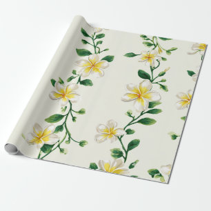 Papier Cadeau Plumeria Vert Blanc Hawaï Frangipanier Tropical