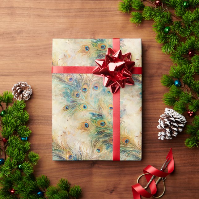 Papier Cadeau Plumes Aqua Green Gold Peacock (Cadeau de vacances)