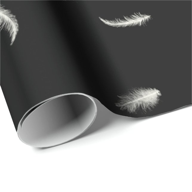 Papier Cadeau Plumes blanches sur papier à envelopper noir (Coin rond)