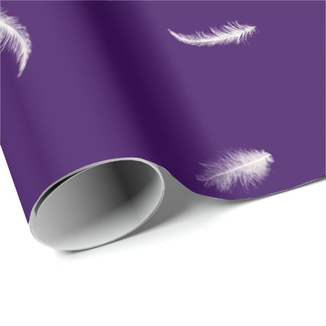 Papier Cadeau Plumes blanches sur violet (Coin rond)