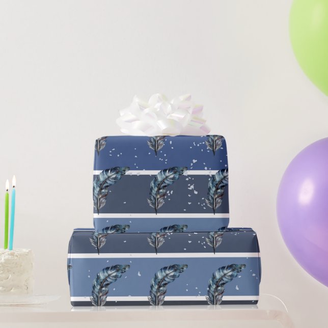 Papier Cadeau Plumes bleues sur rayures bleues et blanches (Cadeaux de fête)