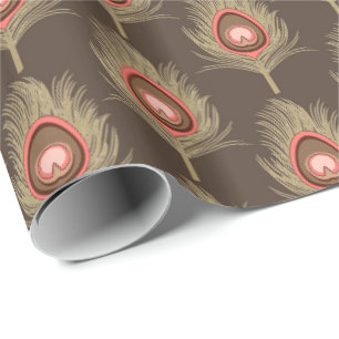 Papier Cadeau Plumes de paon, beige sur Brown de chocolat foncé