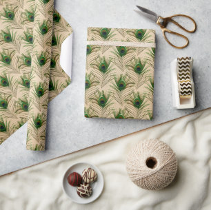 Papier Cadeau Plumes de paon beige vert