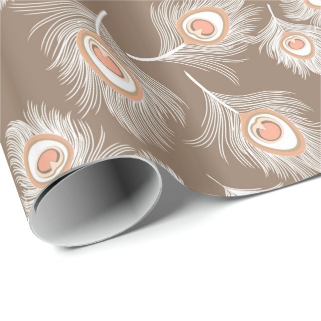Papier Cadeau Plumes de paon blanches et de poches sur Taupe Tan (Coin rond)