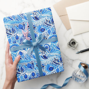 Papier Cadeau Plumes de paon bleu blanc pour Baby Shower de mari