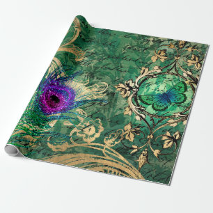 Papier Cadeau Plumes de paon et papillon