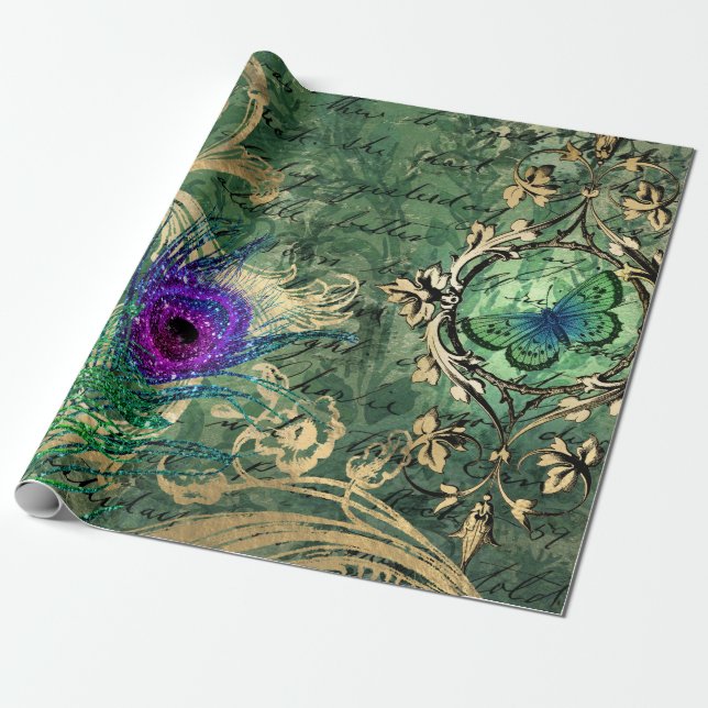 Papier Cadeau Plumes de paon et papillon (Déroulé)