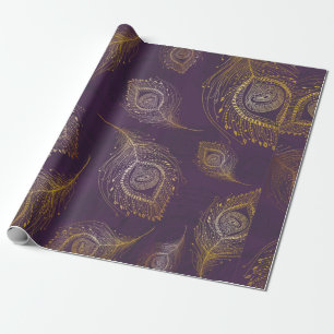 Papier Cadeau Plumes de paon or en arrière - plan violet