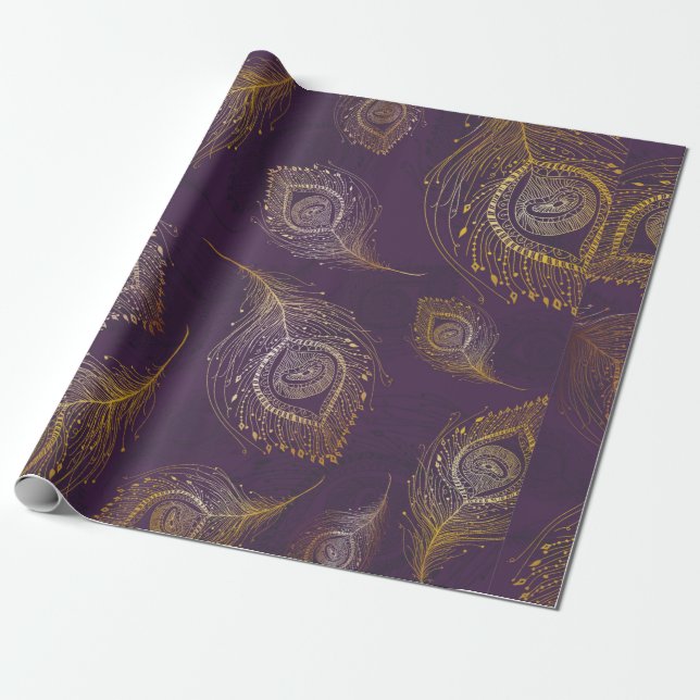 Papier Cadeau Plumes de paon or en arrière - plan violet (Déroulé)