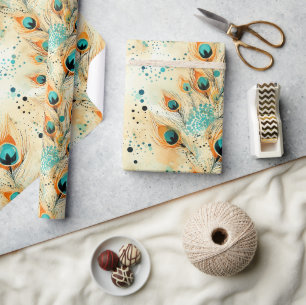 Papier Cadeau Plumes de paon orange Peach Aqua Tropical
