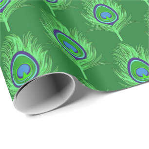 Papier Cadeau Plumes de paon, vert citron sur vert émeraude