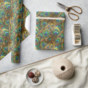 Papier Cadeau Plumes de paon vibrantes sur l'or