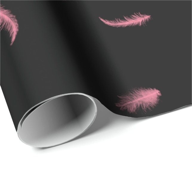 Papier Cadeau Plumes Roses Sur Papier À Enveloppement Noir (Coin rond)