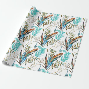 Papier Cadeau Plumes tribales et Motif cristal bleu suspendu