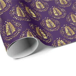 Papier Cadeau Plumes violettes et or stylisées Damas modernes