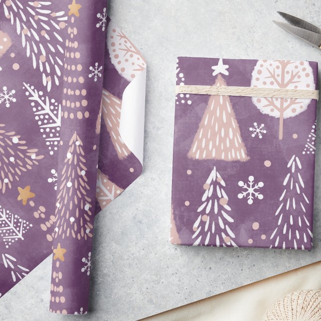 Papier Cadeau Pneus mignons & Arbre de Noël, Violet & Pêche (Créateur téléchargé)