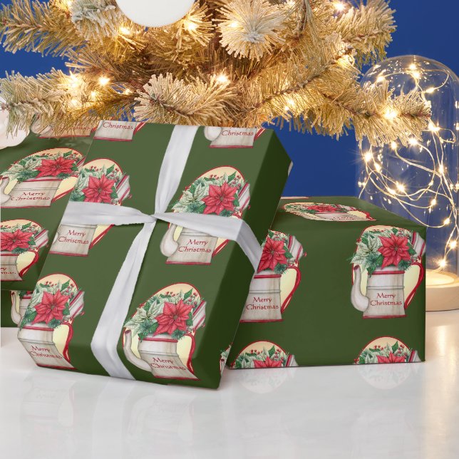 Papier Cadeau Poêle à thé à l'ancienne avec poinsettias Noël (Vacances)