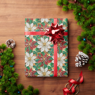 Papier Cadeau Poinsettia Blanc Rouge Vert Or