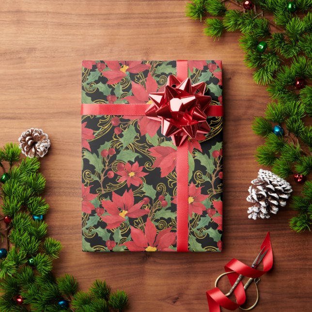 Papier Cadeau Poinsettia elegance on black wrapping paper (Cadeau de vacances)