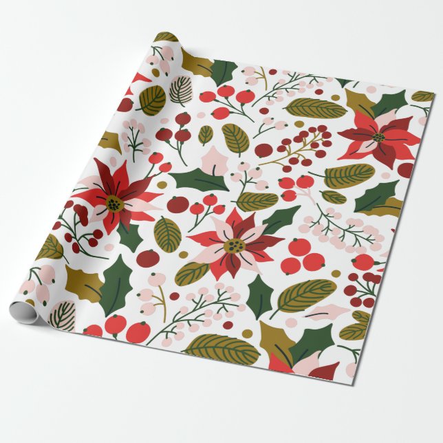 Papier Cadeau Poinsettia hiver vacances papier d'enveloppement (Déroulé)