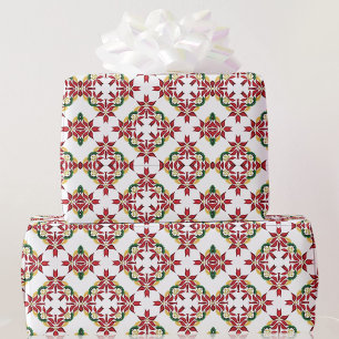 Papier Cadeau Poinsettia Kaleidoscope Motif Rouge Vert Blanc