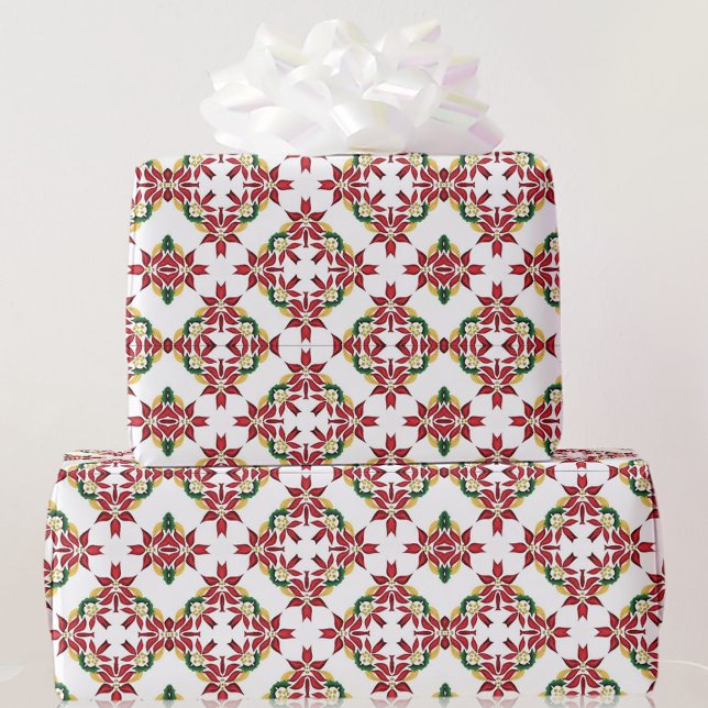Papier Cadeau Poinsettia Kaleidoscope Motif Rouge Vert Blanc (Créateur téléchargé)