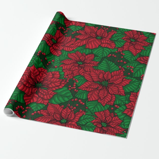 Papier Cadeau Poinsettia, motif de Noël (Déroulé)