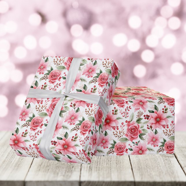 Papier Cadeau Poinsettia rose de Noël + Motif rose (Créateur téléchargé)