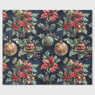 Papier Cadeau Poinsettias and Ornaments