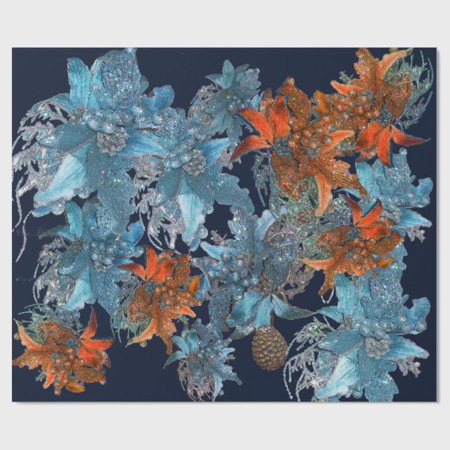 PAPIER CADEAU POINSETTIAS BLEU ROUGE, ÉTOILES DE NOËL EN ÉCLAIRA (Plat)