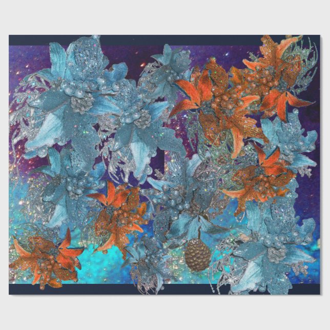 PAPIER CADEAU POINSETTIAS BLEU ROUGE, ÉTOILES DE NOËL EN ÉCLAIRA (Plat)