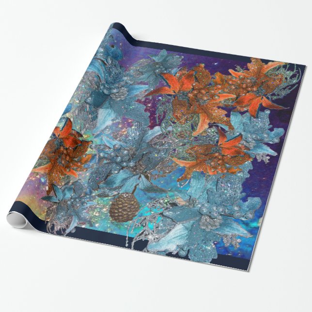 PAPIER CADEAU POINSETTIAS BLEU ROUGE, ÉTOILES DE NOËL EN ÉCLAIRA (Déroulé)