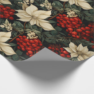 Papier Cadeau Poinsettias de Noël Fleurs de Noël Baies Rouges Fe