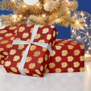 Papier Cadeau Poinsettias d'or de Noël en rouge