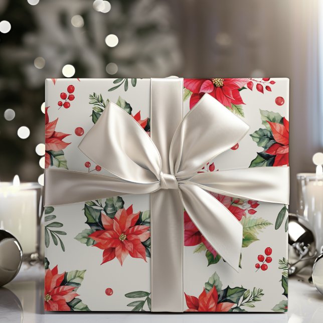 Papier Cadeau Poinsettias Et Baies Rouges Classiques Et Charmant (Classic And Charming Red Poinsettias And Berries Wrapping Paper)