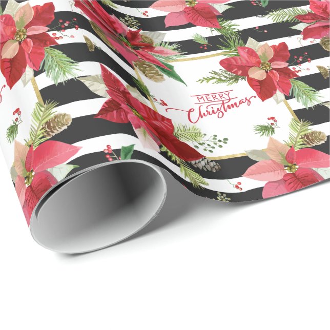 Papier Cadeau Poinsettias, Papier à enveloppement rayé noir (Coin rond)