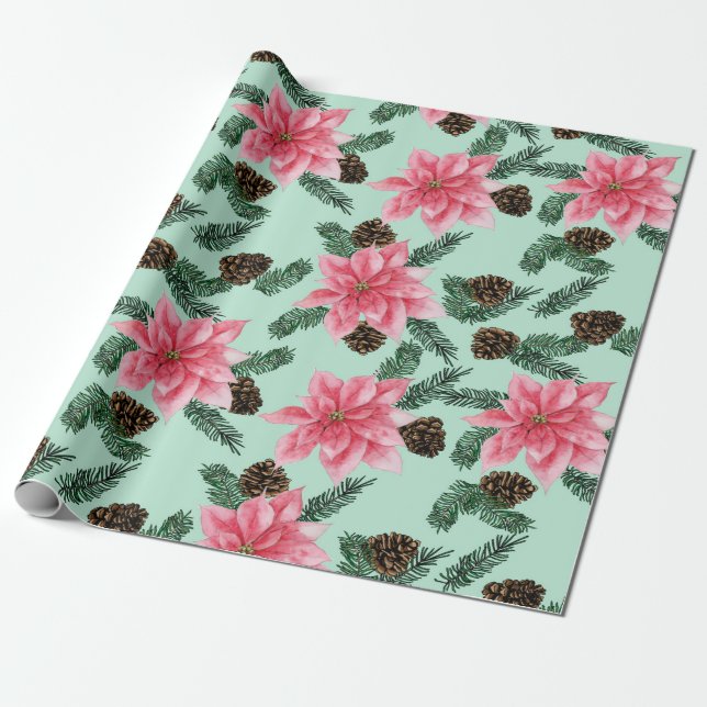 Papier Cadeau Poinsettias roses en vert (Déroulé)
