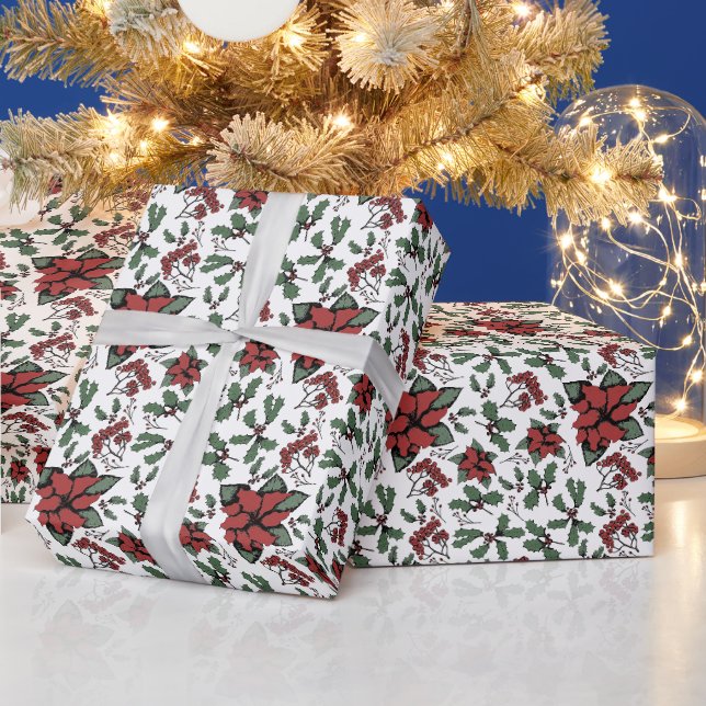 Papier Cadeau Poinsettias rouges saisonnières et Baies blanches (Vacances)