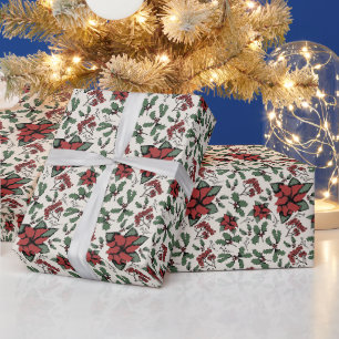 Papier Cadeau Poinsettias rouges saisonnières et baies ivoire