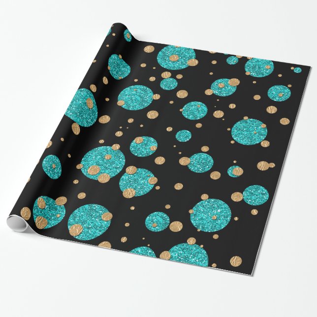 Papier Cadeau Point Confetti Or Bleu turquoise (Déroulé)