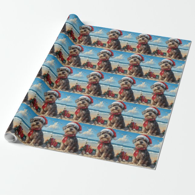 Papier Cadeau Pointeur à poils durs Griffon Dog Christmas Beach (Déroulé)