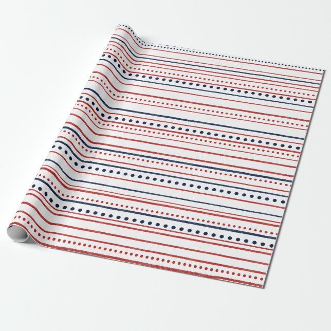 Papier Cadeau Points blancs et bleus rouges et rayures peintes (Déroulé)