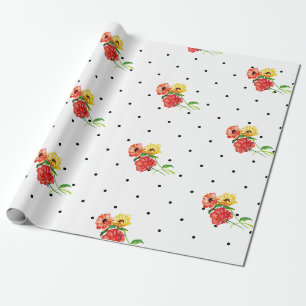 Papier Cadeau Points classiques et fleurs rouges jaunes