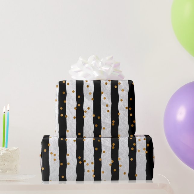 Papier Cadeau Points de bande et d'or sur le noir (Cadeaux de fête)
