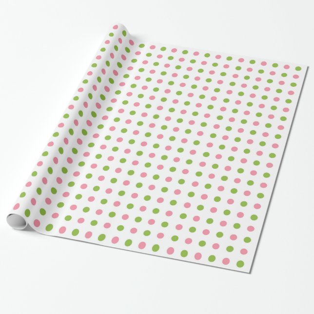 Papier Cadeau Points roses de papier d'emballage petits et verts (Déroulé)