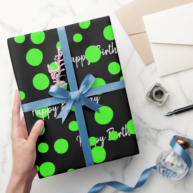 Papier Cadeau Points verts Neon D'Anniversaire Sur Noir (Cadeaux)