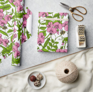 Papier Cadeau Pois doux et bourdons, rose, vert et blanc