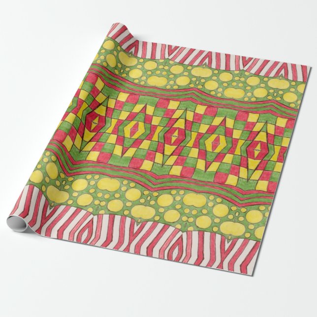 Papier Cadeau Pois, Grandes, Chèques, Rouge, Vert Jaune (Déroulé)